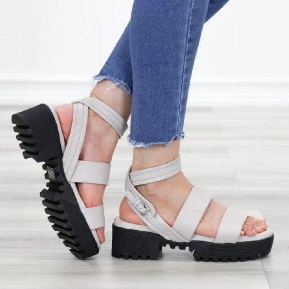 Gray Chunky Heel Sandals Multi Strap Buckle Closure Open Toe